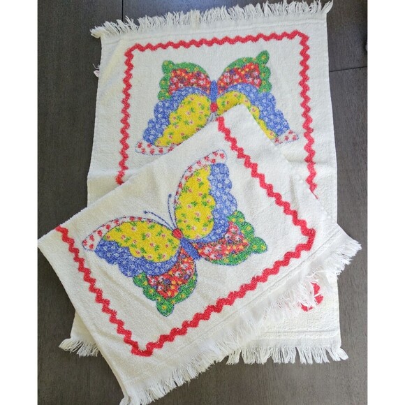 Cannon Other - 2 Vtg CANNON Calico Patchwork BUTTERFLY Kitchen DISH TOWEL Terrycloth Fringed